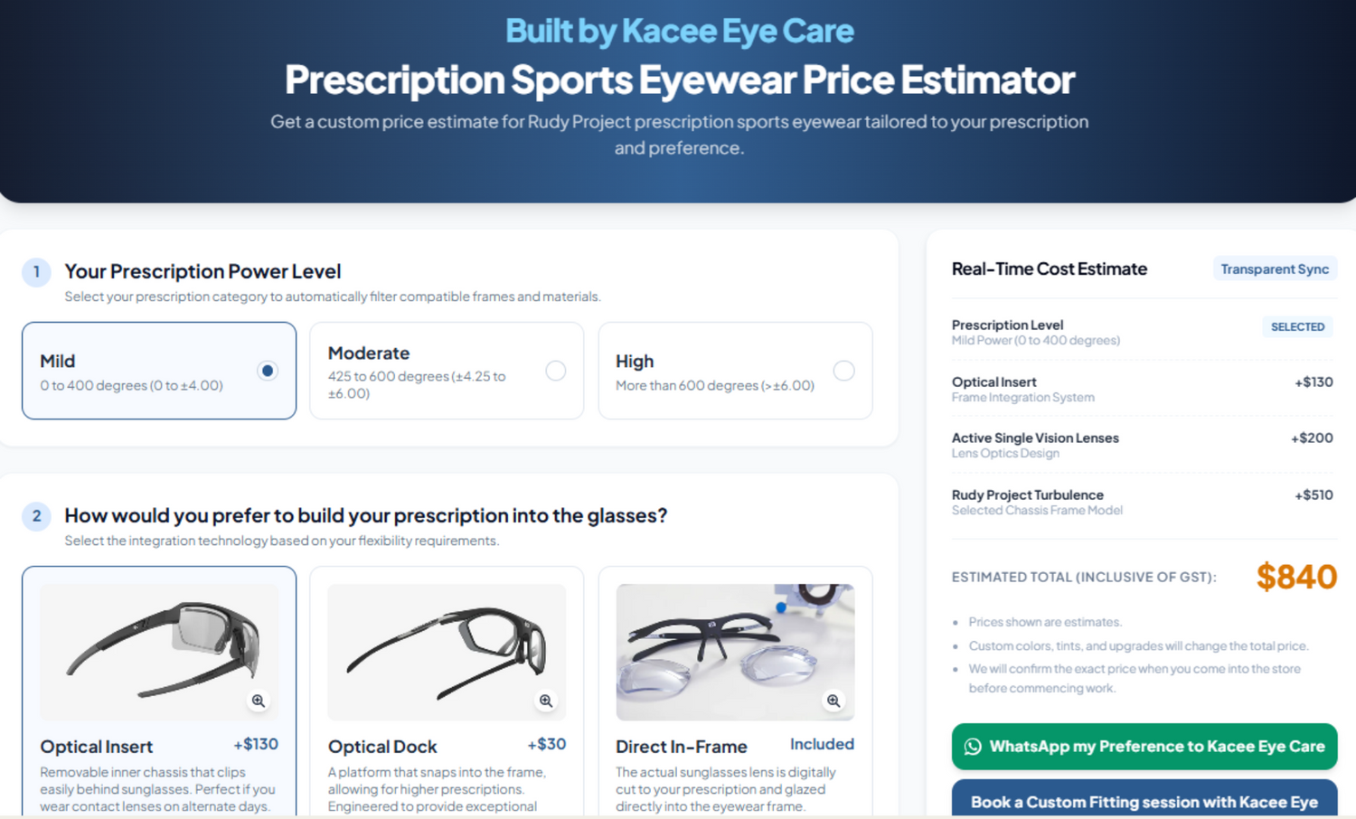 A digital screenshot of the Kacee Eye Care Prescription Sports Eyewear Price Estimator tool, showing user inputs for prescription power level and preferred eyewear components, alongside a real-time cost estimate